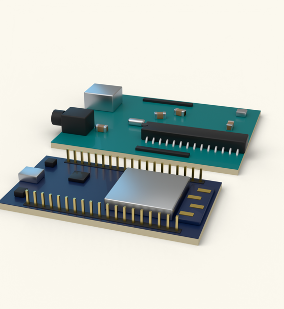 Two microcontroller boards, rendered in 3D