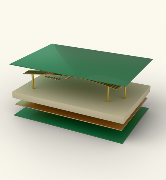 A green circuit board, rendered in 3D