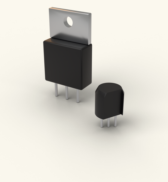 A power transistor and a small transistor, rendered in 3D