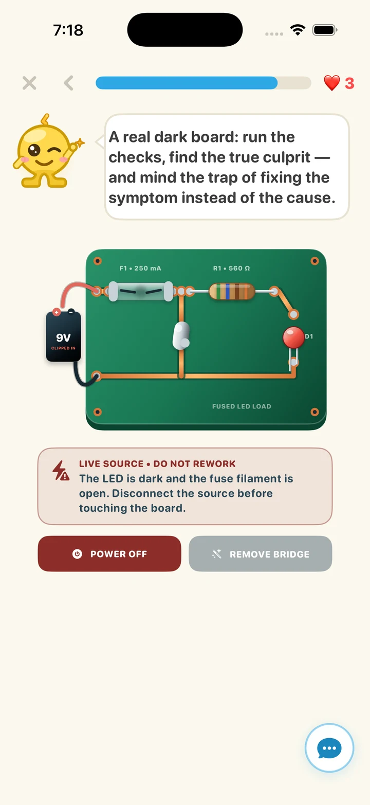 A fault-repair bench: power off, remove the bridge, and the lamp lights
