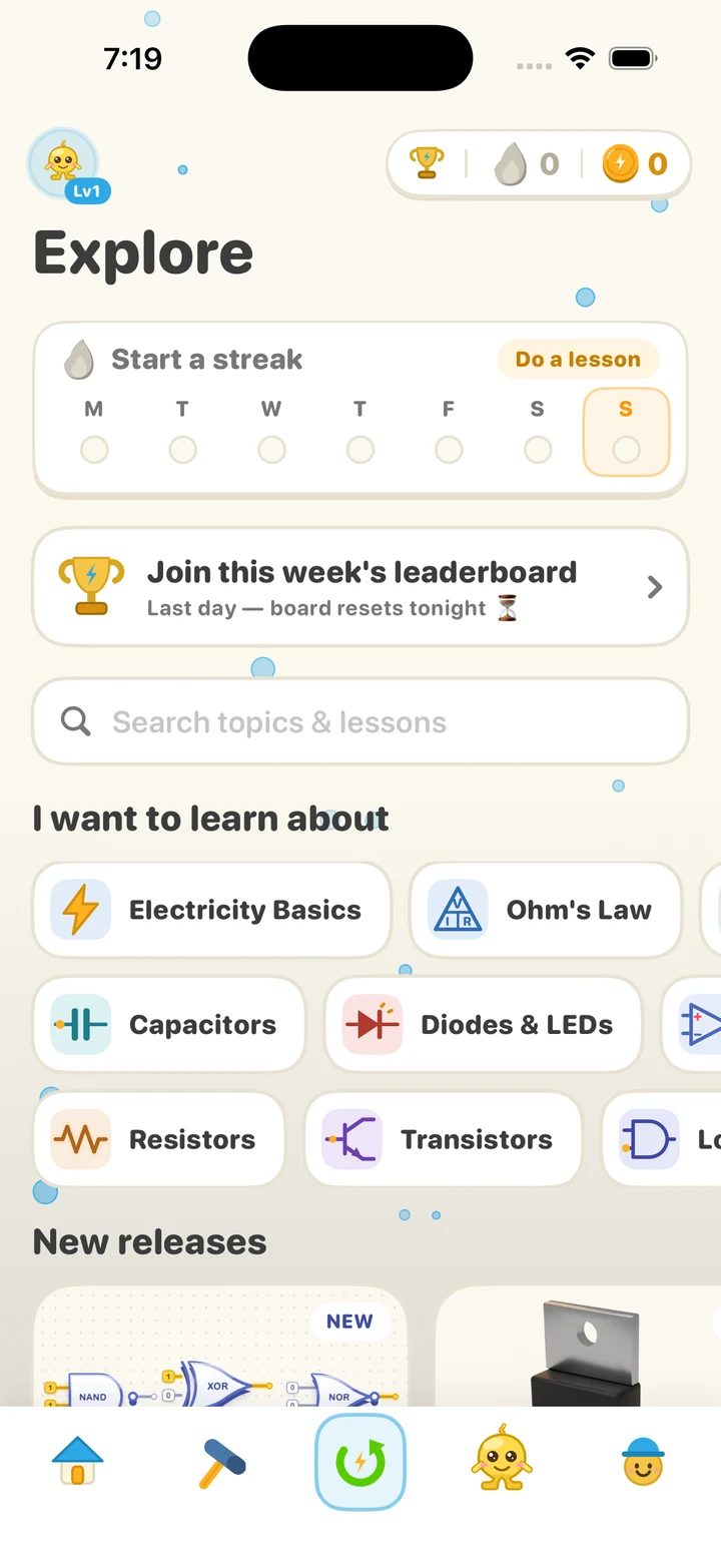 Explore tab: a start-a-streak week row, join this week's leaderboard, search, and topic chips like Electricity Basics and Ohm's Law