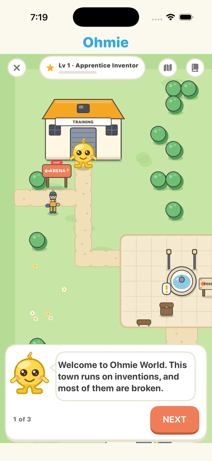 Copper Town in Ohmie World: the training hall, the arena sign, and Ohmie's welcome