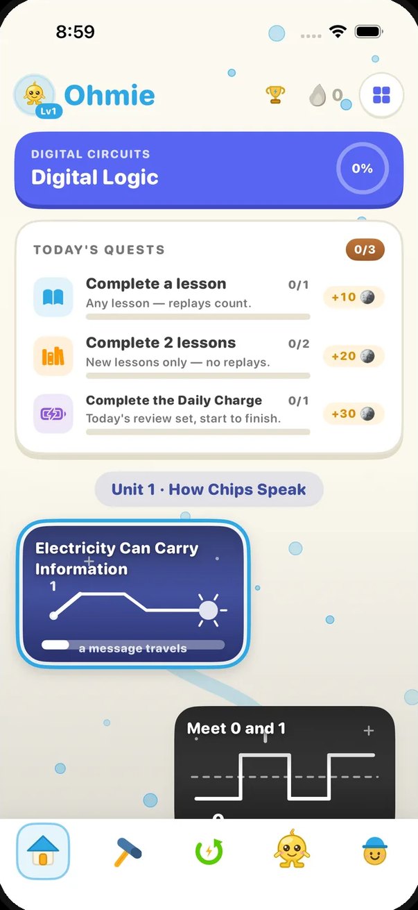Home tab on the Digital Logic path: Unit 1, How Chips Speak, and the Electricity Can Carry Information card