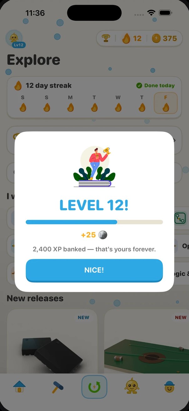 Explore tab with a 12-day streak row and a Level 12 celebration, 2,400 XP banked