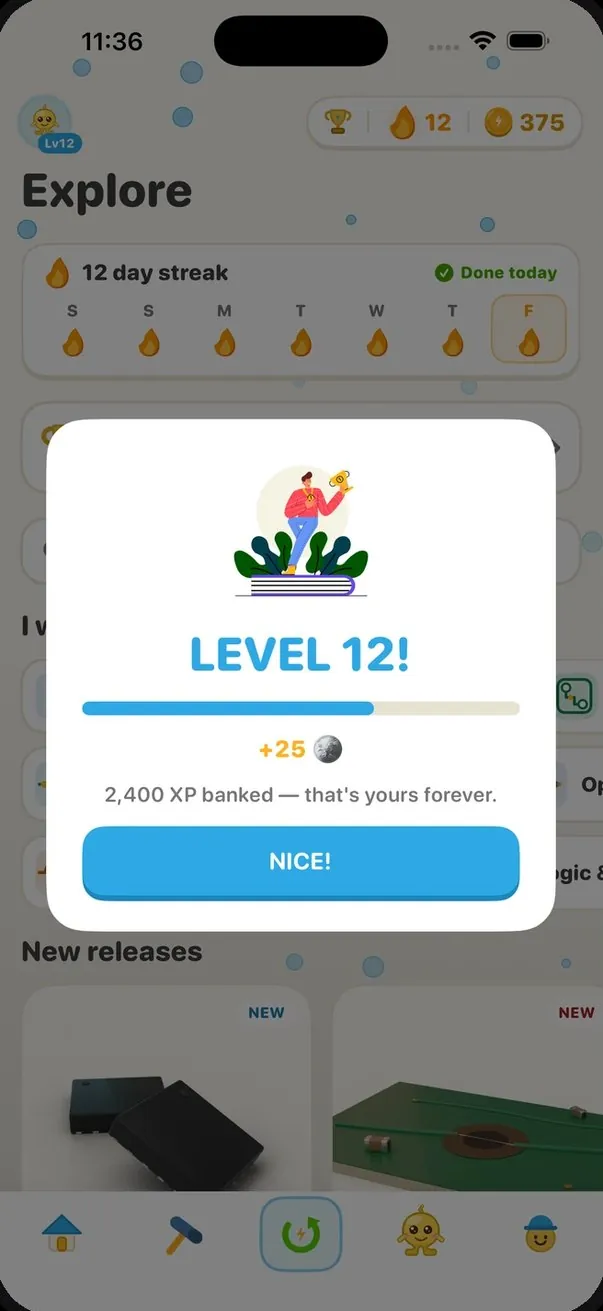 Explore tab with a 12-day streak row and a Level 12 celebration, 2,400 XP banked