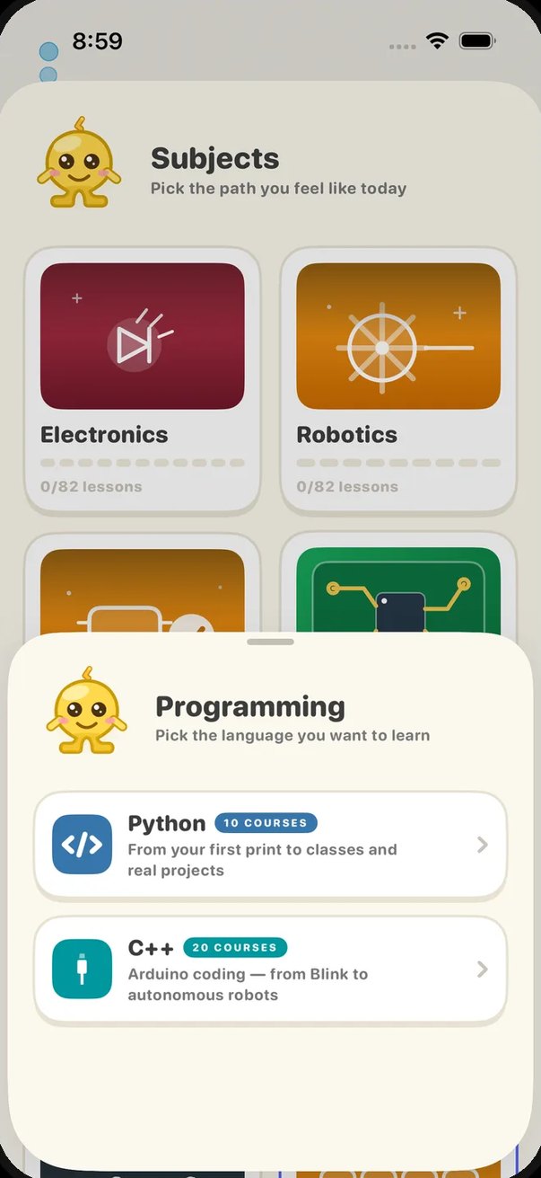 The Programming picker over the Subjects grid: Python and C++ for Arduino