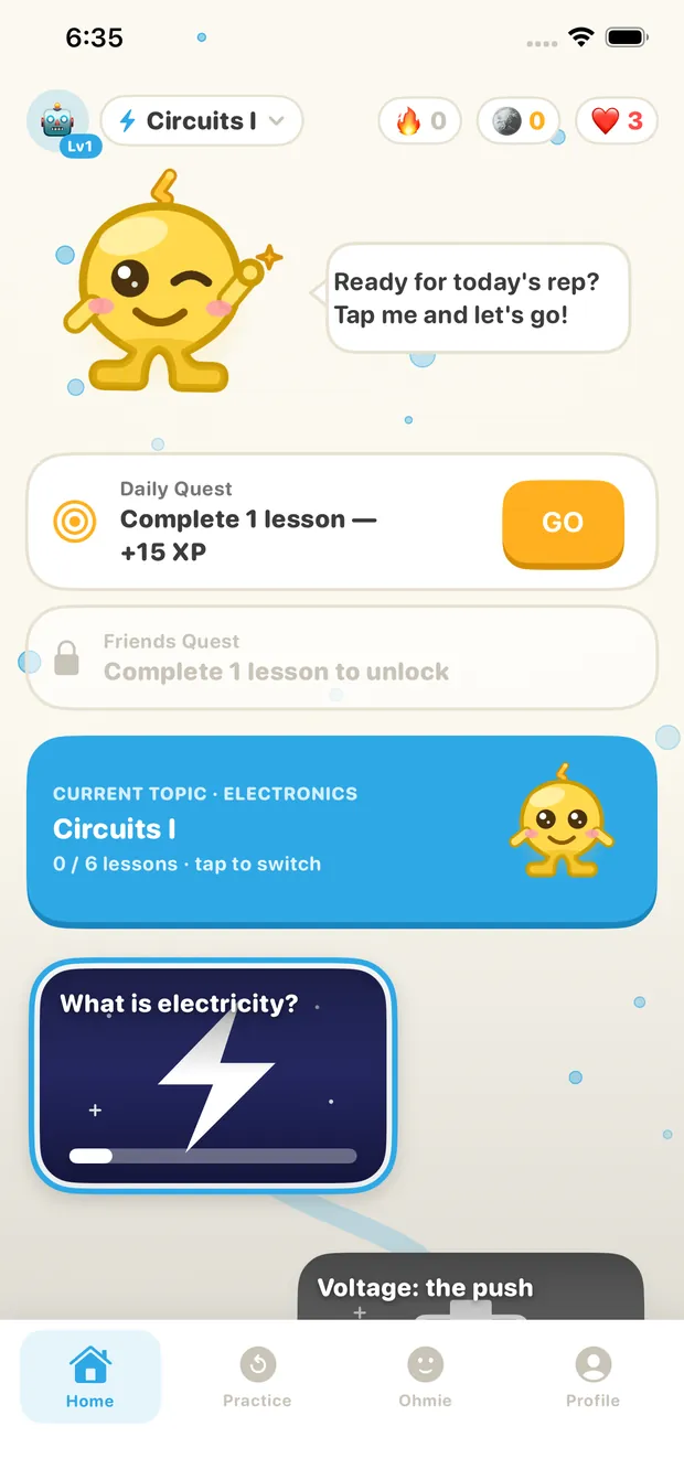 Home screen with the Circuits I path, a daily quest, and Ohmie cheering you on