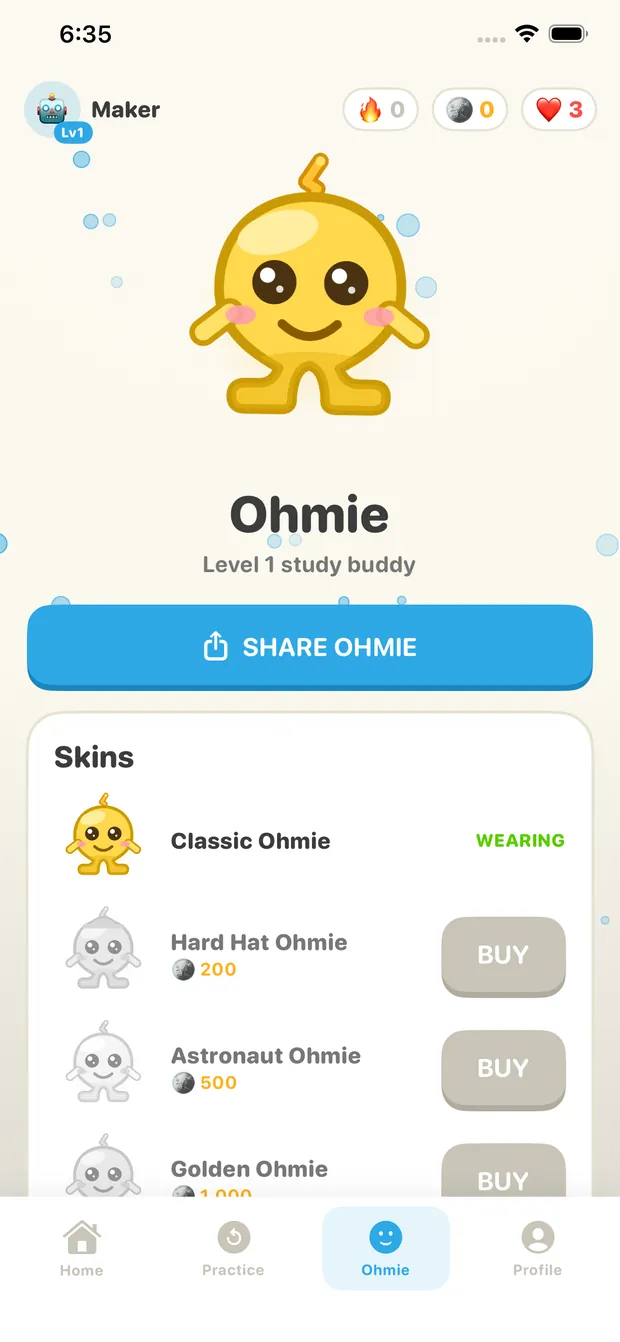 Ohmie mascot screen with unlockable skins: Hard Hat, Astronaut, and Golden Ohmie