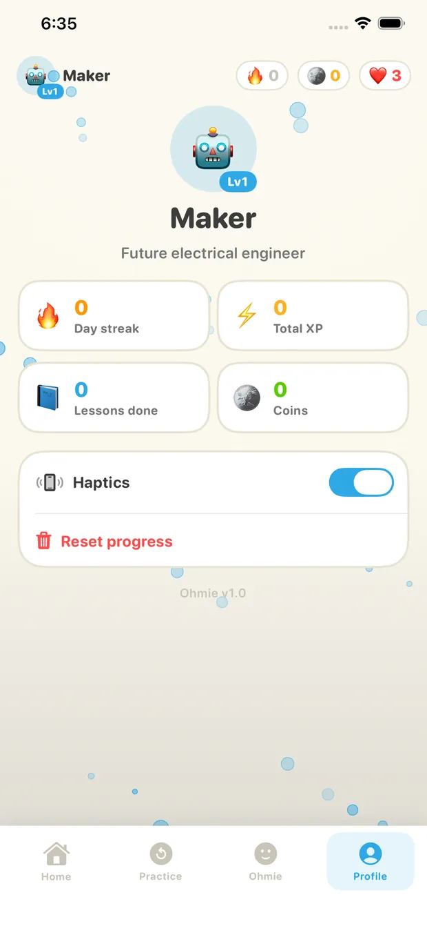 Profile screen tracking day streak, total XP, lessons done, and coins