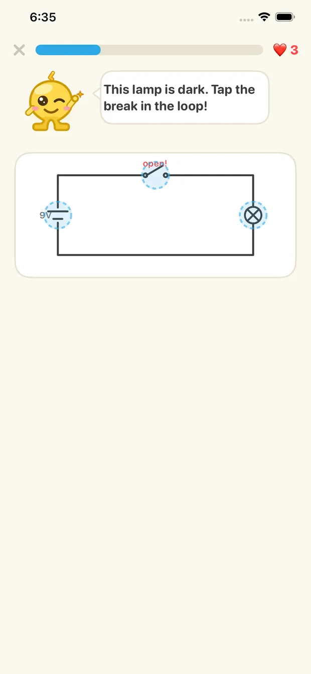 Interactive circuit puzzle: a dark lamp and an open switch — tap the break in the loop