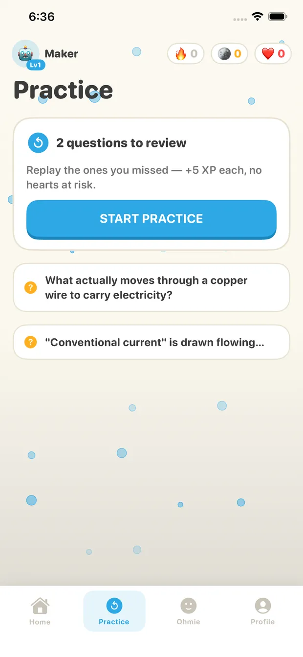 Practice tab with two missed questions queued for review, +5 XP each and no hearts at risk
