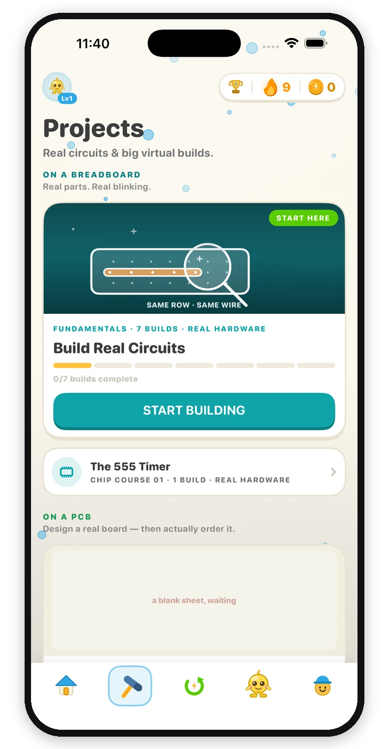 The Projects tab: Build Real Circuits, seven hands-on breadboard builds with real parts