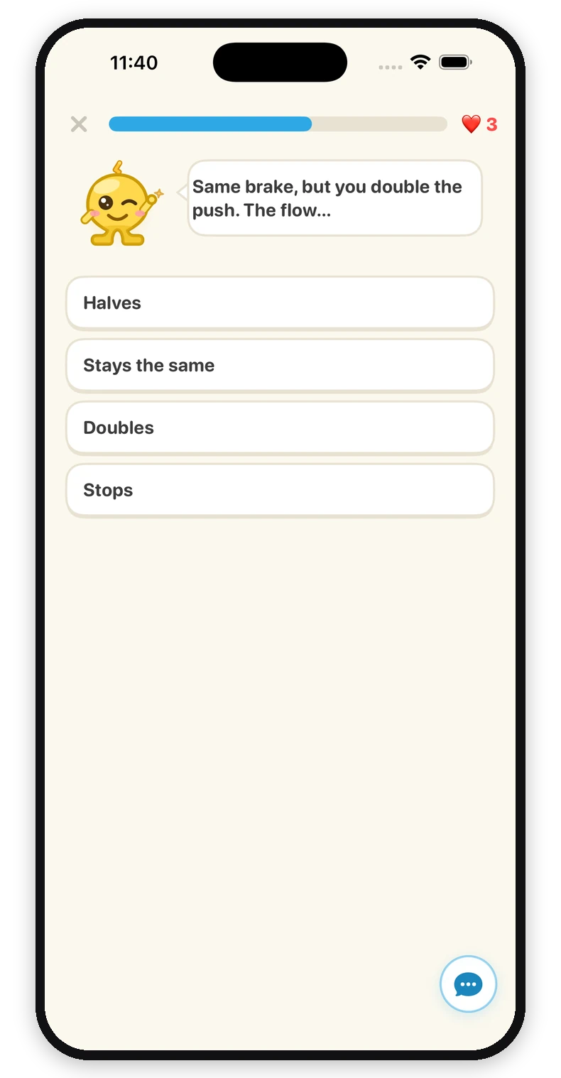 An interactive multiple-choice question answered correctly for +10 XP, with an instant explanation