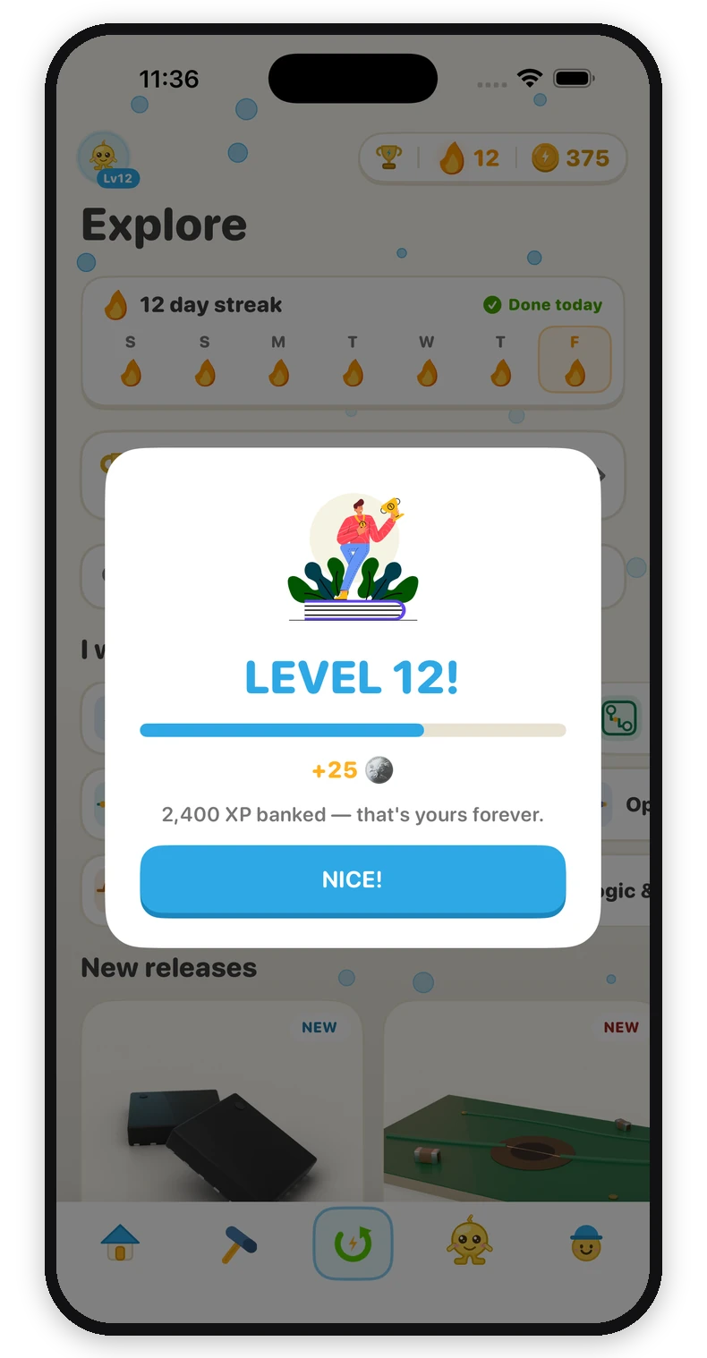 A level-up celebration: Level 12, with the XP banked for good