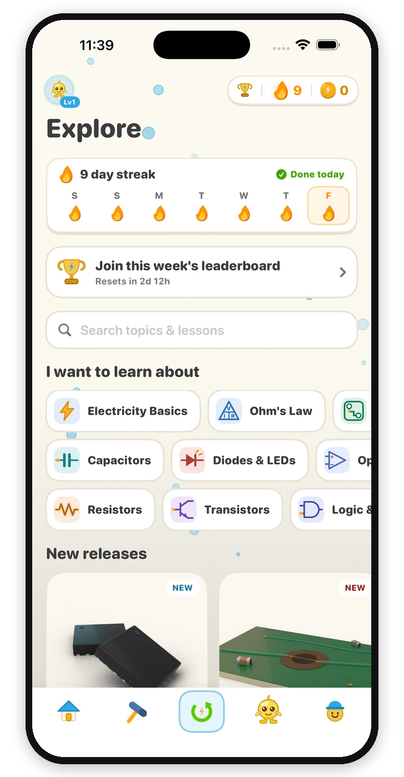 The Explore tab: a 9-day streak, the weekly leaderboard, topic shortcuts, and new releases