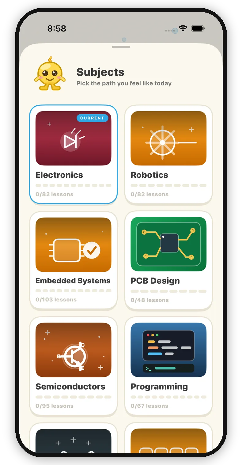 The Subjects picker: Electronics, Robotics, Embedded Systems, PCB Design, Semiconductors and Programming, with lesson counts