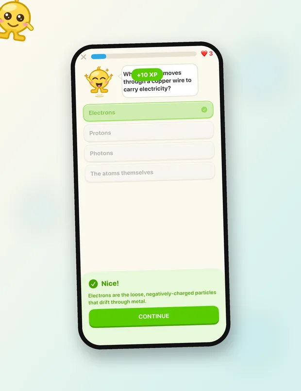 Lesson question with instant feedback and XP