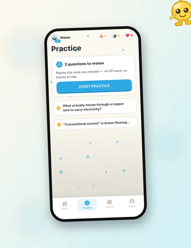 Practice tab with missed questions queued for review